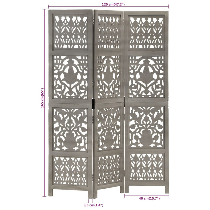 Paravan cameră sculptat manual 3 panouri gri 120x165 cm mango - WALTI WALTI