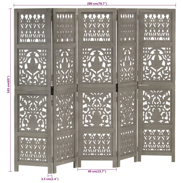 Paravan cameră sculptat manual 5 panouri gri 200x165 cm mango - WALTI WALTI