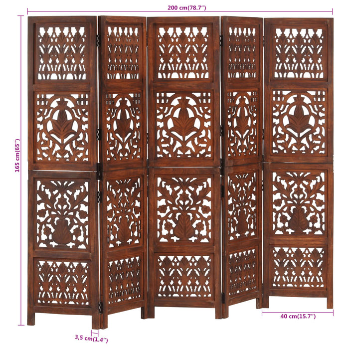 Paravan cameră sculptat manual 5 panouri maro 200x165 cm mango - WALTI WALTI