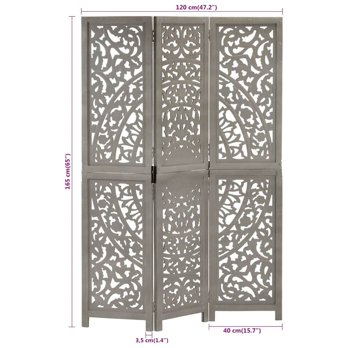 Paravan cameră sculptat manual 3 panouri gri 120x165 cm mango - WALTI WALTI