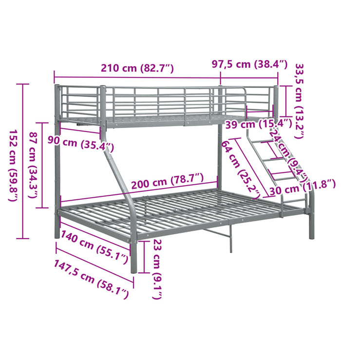 Cadru de pat supraetajat, gri, 140 x 200/90 x 200 cm, metal WALTI