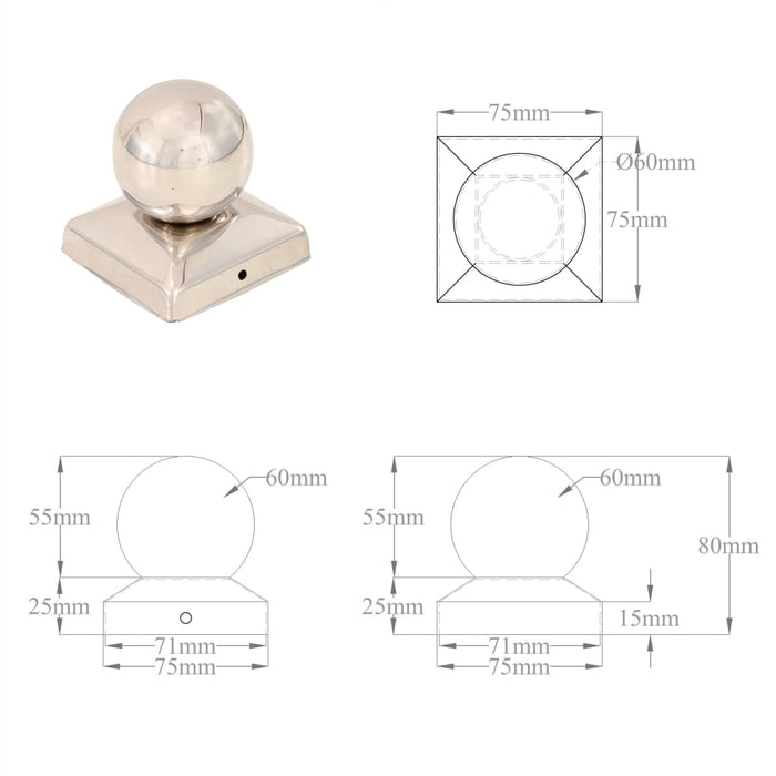 Capace stâlpi tip glob, 6 buc., 71 x 71 mm, oțel inoxidabil WALTI