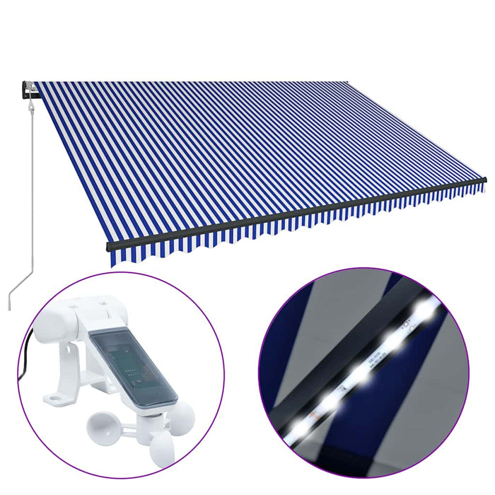 Copertină cu senzor vânt & LED, albastru & alb, 500x300 cm - WALTI WALTI