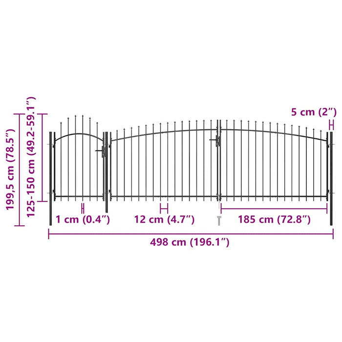 Poartă gard pentru grădină cu vârf suliță, negru, 5 x 2 m - WALTI WALTI