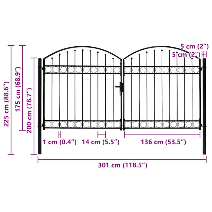 Poartă de gard ASSEN Ușă dublă cu blat arcuit din oțel 300x175 cm - WALTI WALTI
