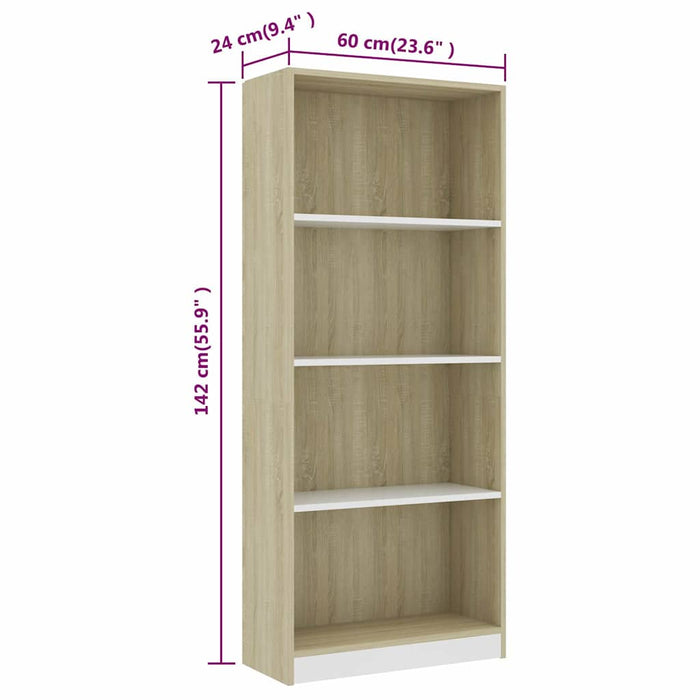 Bibliotecă cu 4 rafturi, alb & stejar sonoma, 60x24x142 cm, PAL WALTI