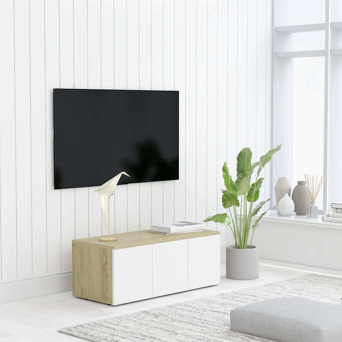Comodă TV, alb și stejar Sonoma, 80 x 34 x 30 cm, PAL WALTI