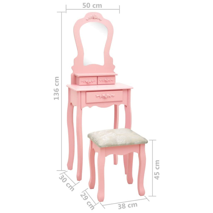 Set masă de toaletă cu taburet roz 50x59x136 cm lemn paulownia - WALTI WALTI
