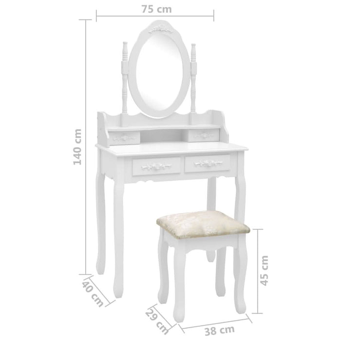 Set masă de toaletă cu taburet alb 75x69x140 cm lemn paulownia - WALTI WALTI