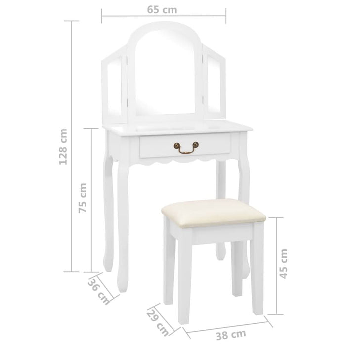 Masă toaletă cu taburet, alb, 65x36x128 cm, lemn paulownia, MDF - WALTI WALTI