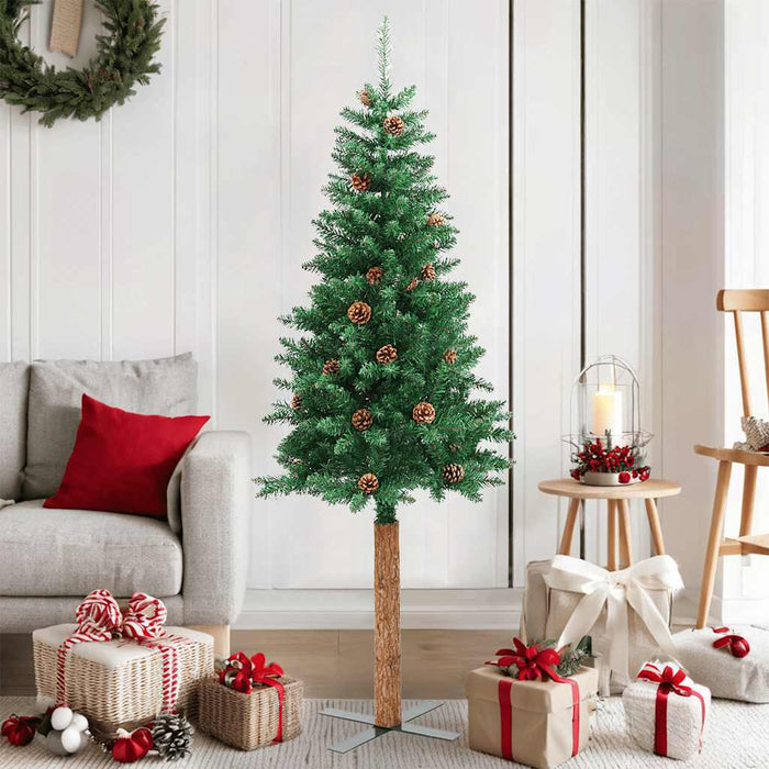 Pom Crăciun artificial subțire lemn și conuri verde 150 cm PVC - WALTI WALTI