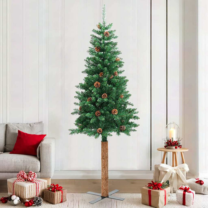 Pom Crăciun artificial subțire lemn și conuri verde 210 cm PVC - WALTI WALTI