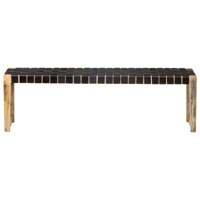 Bancă, negru, 150 cm, piele naturală și lemn masiv de mango WALTI