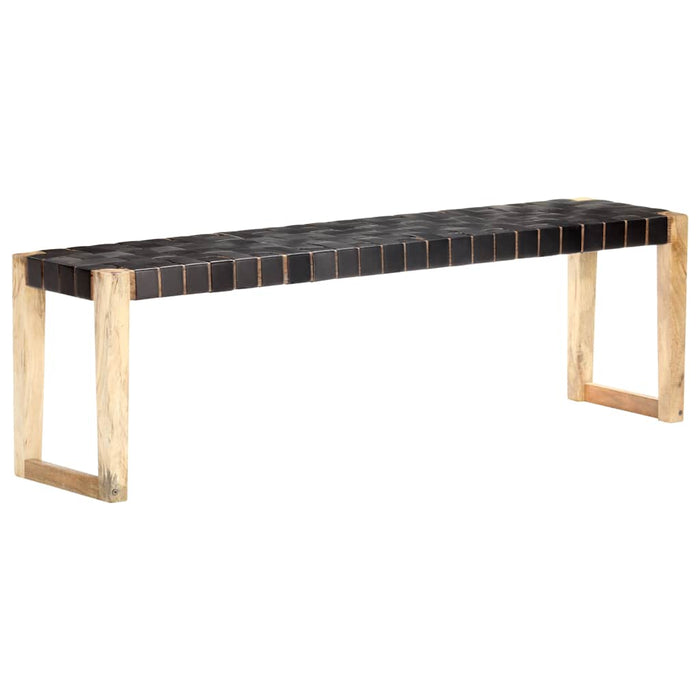 Bancă, negru, 150 cm, piele naturală și lemn masiv de mango WALTI