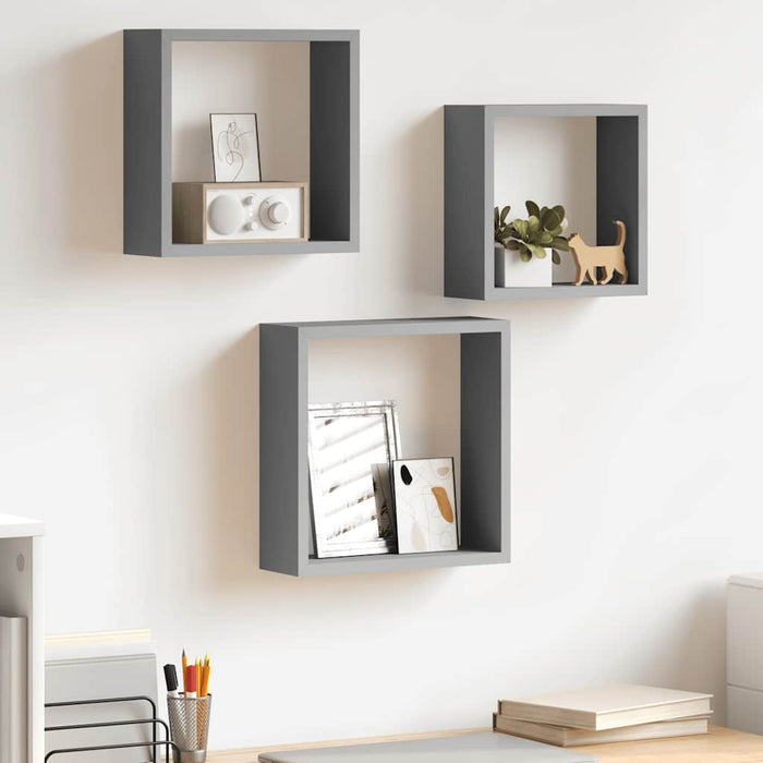 Rafturi cub de perete, 3 buc., gri, MDF - WALTI WALTI