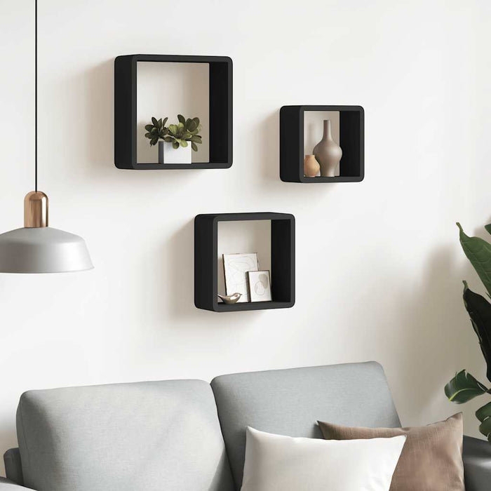Rafturi de perete cub, 3 buc., negru, MDF - WALTI WALTI