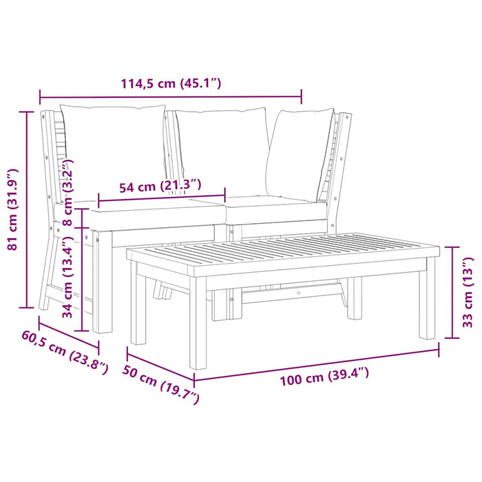 Set mobilier de grădină, 3 piese, perne crem, lemn masiv acacia - WALTI WALTI