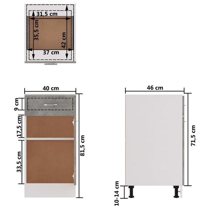 Dulap inferior cu sertar gri beton 40x46x81,5 cm lemn prelucrat WALTI