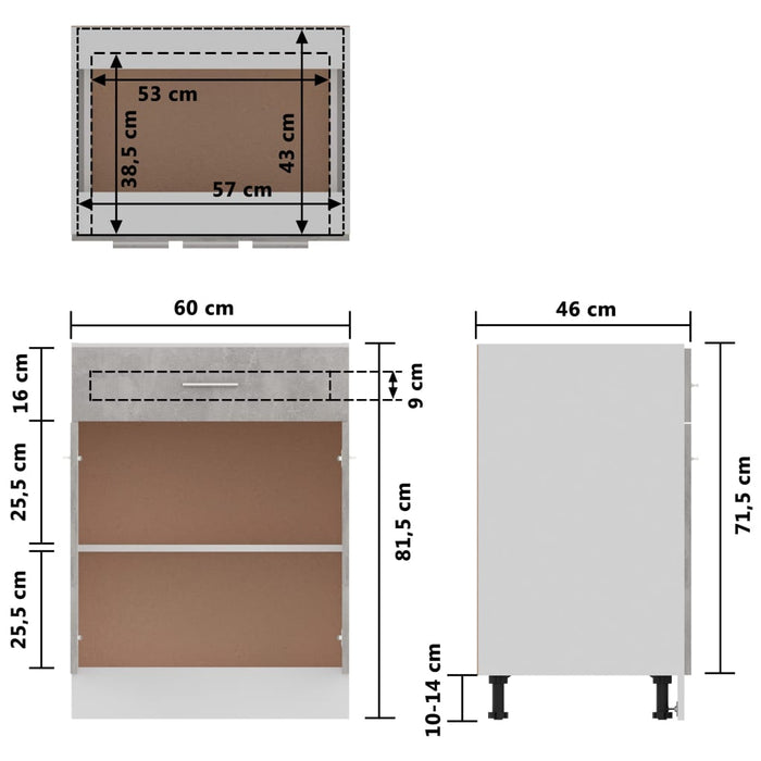 Dulap inferior cu sertar, gri beton 60x46x81,5 cm lemn compozit WALTI