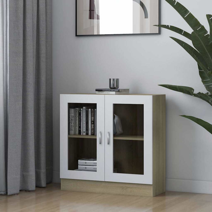 Dulap cu vitrină, alb & stejar Sonoma, 82,5 x 30,5 x 80 cm, PAL WALTI