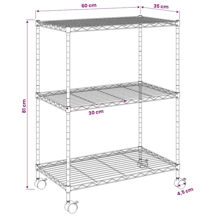 Raft depozitare cu roți, 3 niveluri, 60x35x81 cm, crom, 150 kg - WALTI WALTI