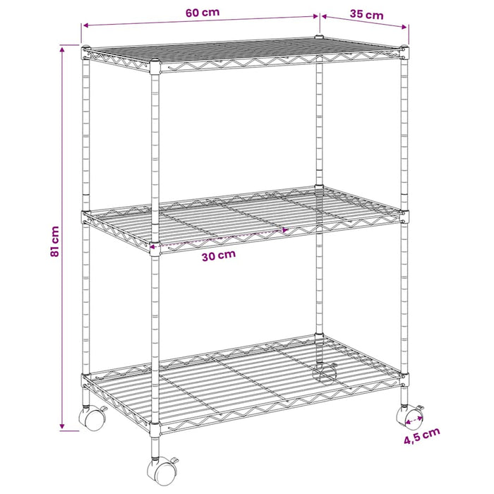 Raft depozitare cu roți, 3 niveluri, negru, 60x35x81cm, 150 kg - WALTI WALTI