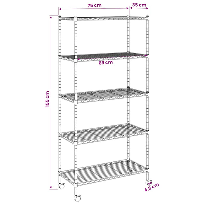 Raft depozitare cu roți, 5 niveluri, 75x35x155 cm, crom, 250 kg - WALTI WALTI