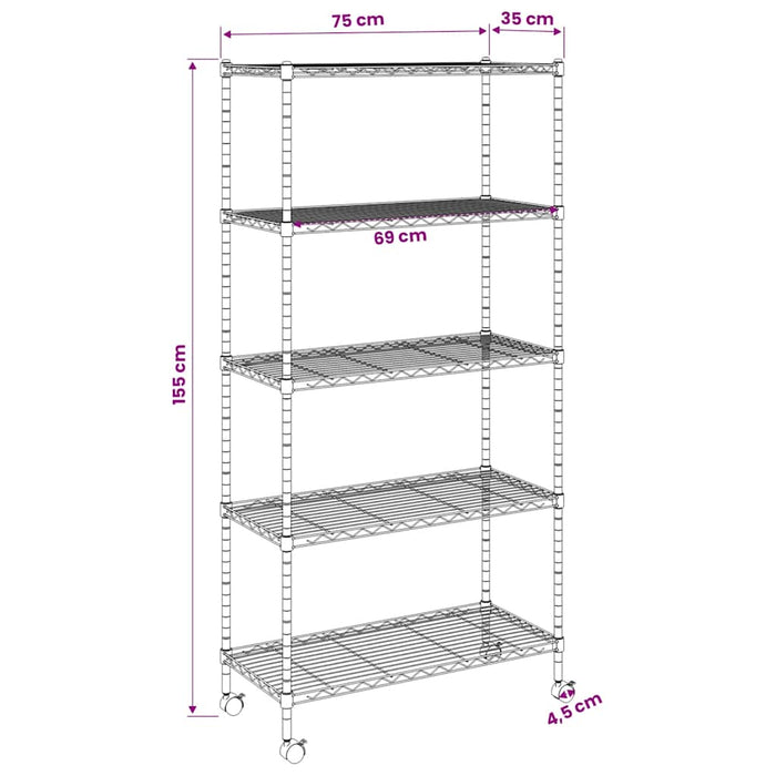 Raft depozitare cu roți 5 niveluri negru 75x35x155 cm 250 kg - WALTI WALTI