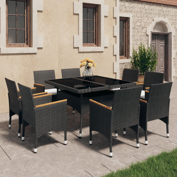 Set mobilier grădină, 9 piese, negru, poliratan și lemn acacia WALTI