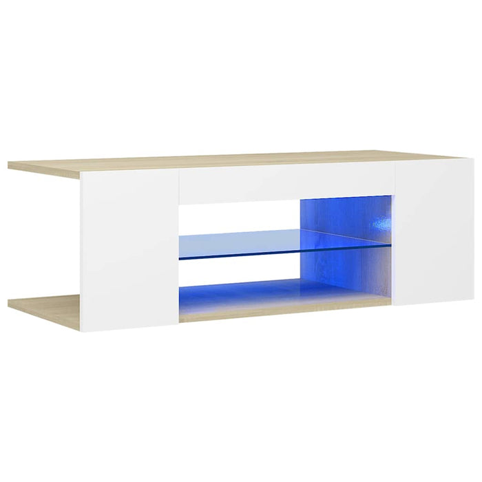 Comodă TV cu lumini LED, alb și stejar Sonoma, 90x39x30 cm WALTI
