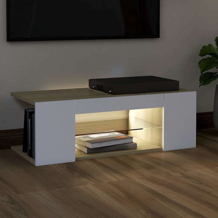 Comodă TV cu lumini LED, alb și stejar Sonoma, 90x39x30 cm WALTI