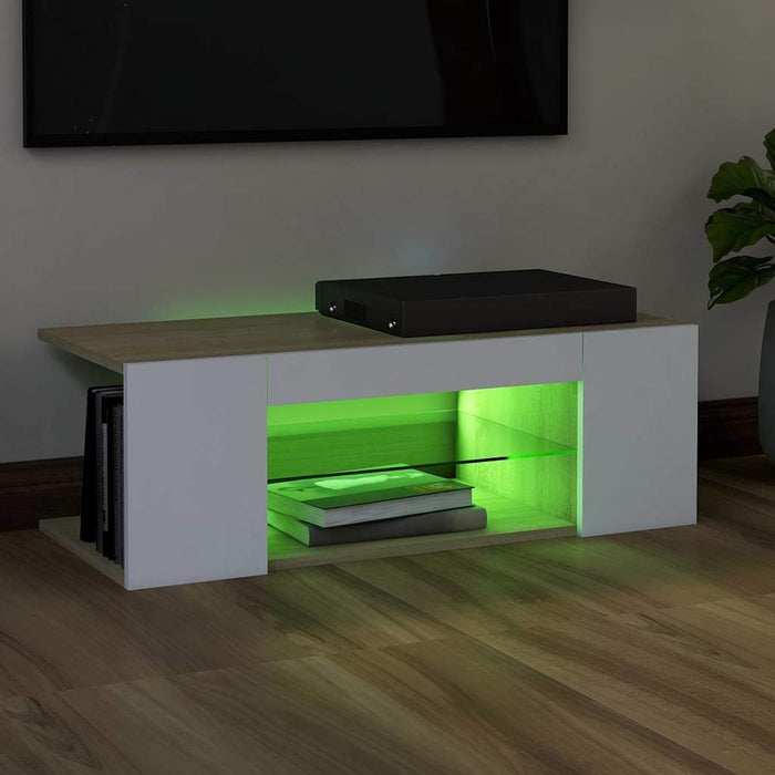 Comodă TV cu lumini LED, alb și stejar Sonoma, 90x39x30 cm WALTI