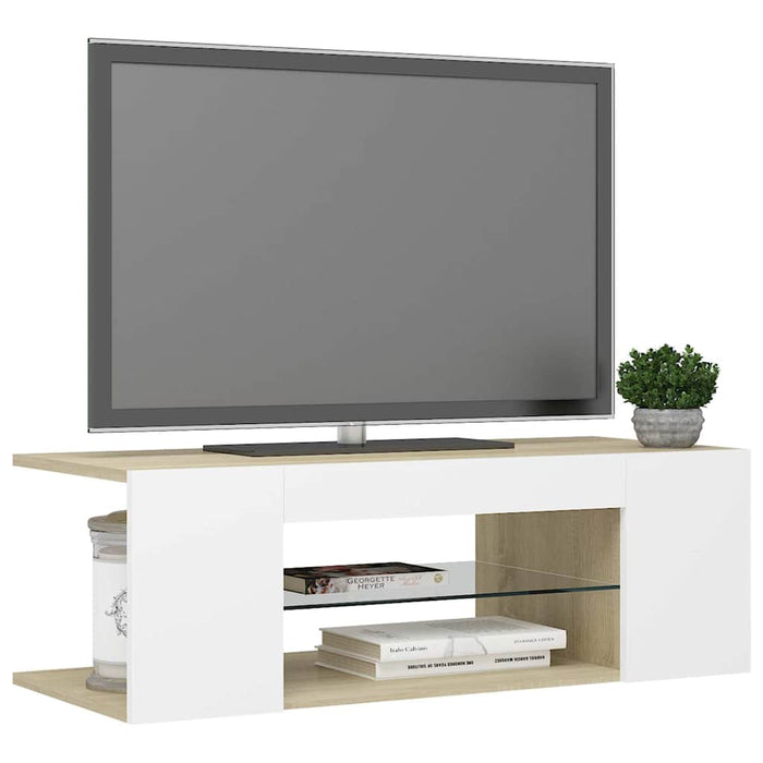 Comodă TV cu lumini LED, alb și stejar Sonoma, 90x39x30 cm WALTI