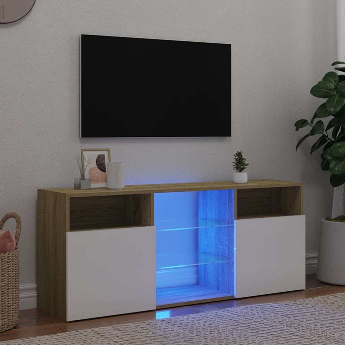 Comodă TV cu lumini LED, alb și stejar sonoma, 120x30x50 cm WALTI