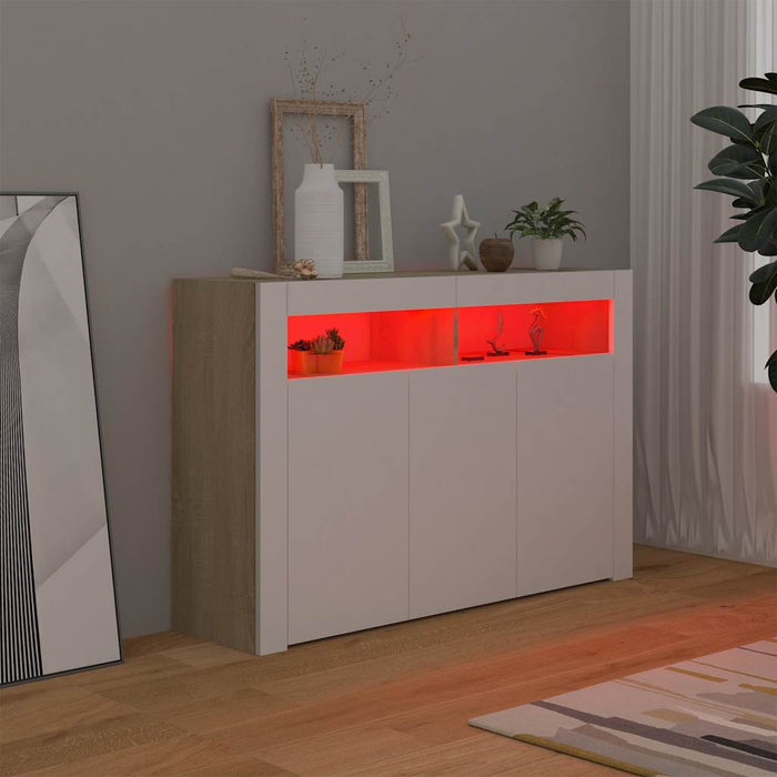Servantă cu lumini LED, alb și stejar sonoma, 115,5x30x75 cm WALTI