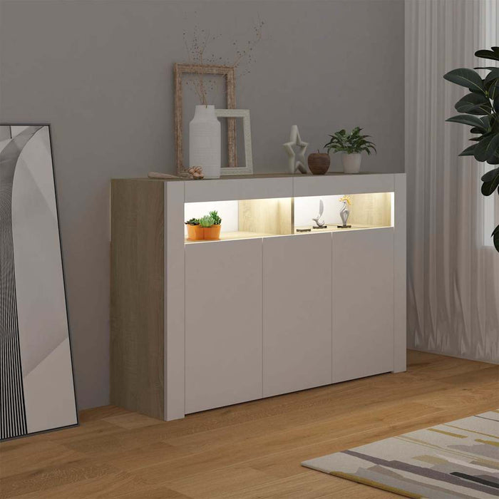 Servantă cu lumini LED, alb și stejar sonoma, 115,5x30x75 cm WALTI