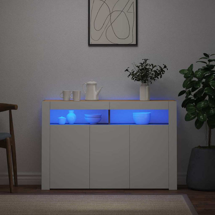 Servantă cu lumini LED, alb și stejar sonoma, 115,5x30x75 cm WALTI