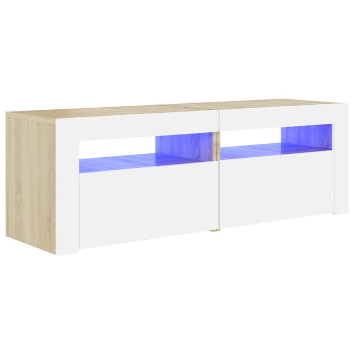 Comodă TV cu lumini LED, alb și stejar Sonoma, 120x35x40 cm WALTI
