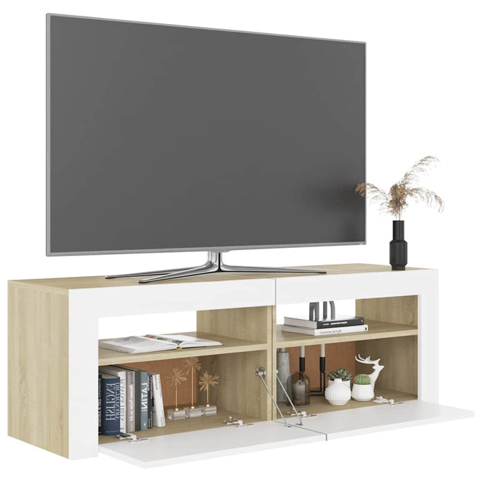 Comodă TV cu lumini LED, alb și stejar Sonoma, 120x35x40 cm WALTI