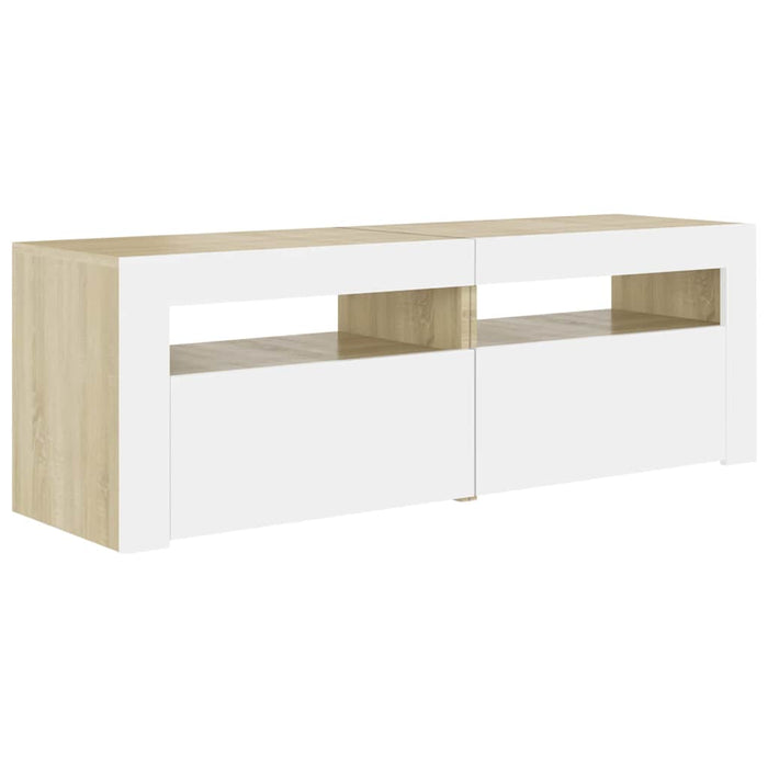 Comodă TV cu lumini LED, alb și stejar Sonoma, 120x35x40 cm WALTI