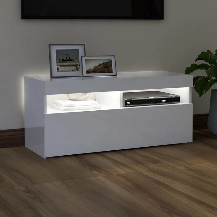 Comodă TV cu lumini LED, alb extralucios, 90x35x40 cm - WALTI WALTI