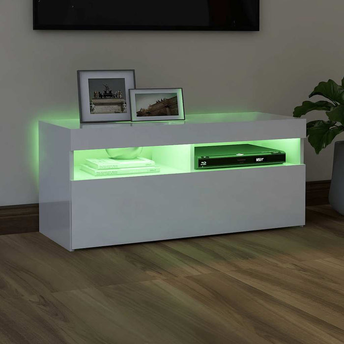 Comodă TV cu lumini LED, alb extralucios, 90x35x40 cm - WALTI WALTI
