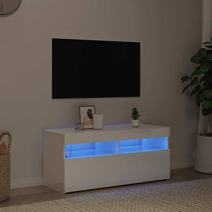 Comodă TV cu lumini LED, alb extralucios, 90x35x40 cm - WALTI WALTI