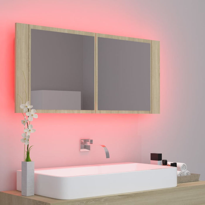 Dulap de baie cu oglindă și LED, stejar Sonoma, 100x12x45 acril - WALTI WALTI