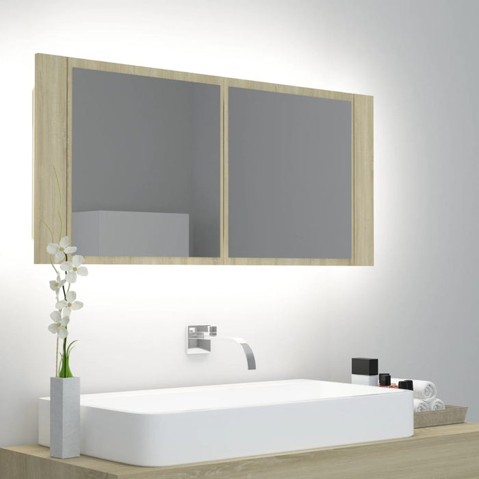 Dulap de baie cu oglindă și LED, stejar Sonoma, 100x12x45 acril - WALTI WALTI
