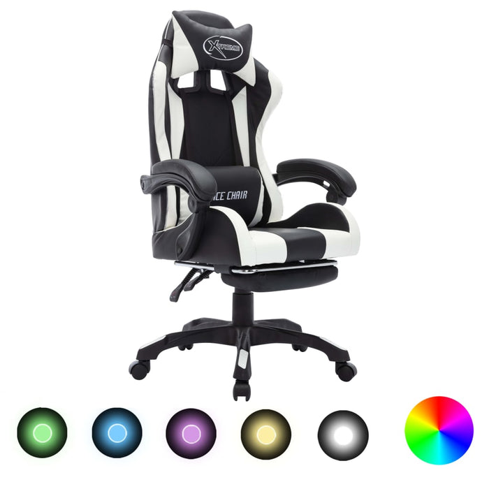 Scaun de racing cu LED RGB, alb și negru, piele ecologică WALTI
