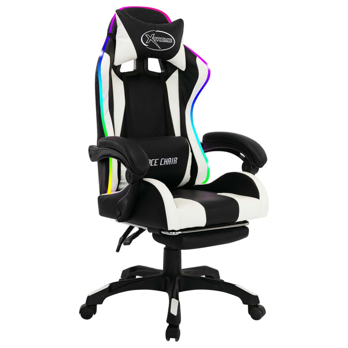 Scaun de racing cu LED RGB, alb și negru, piele ecologică WALTI