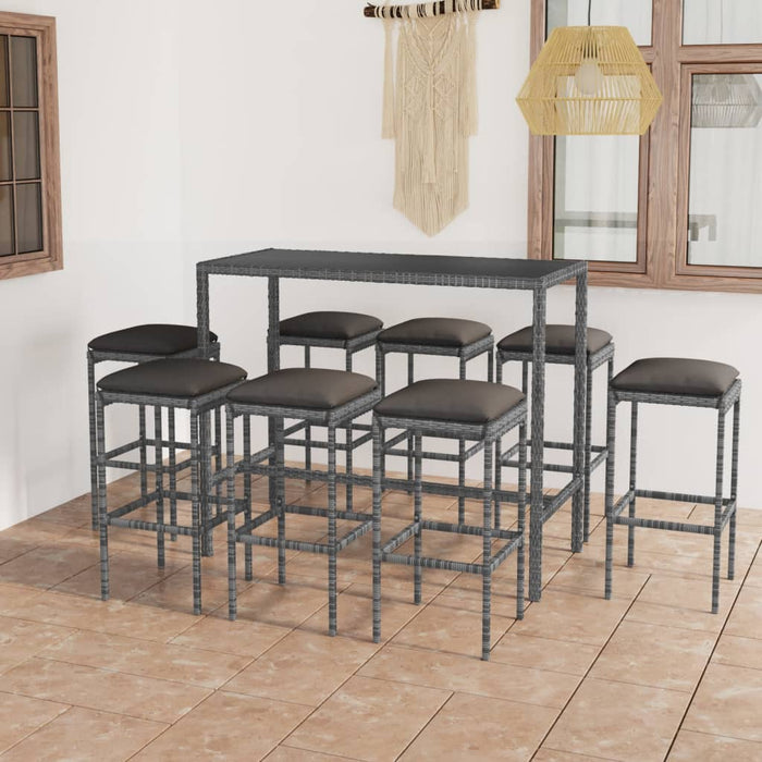 Set mobilier bar de grădină cu perne, 9 piese, gri, poliratan WALTI