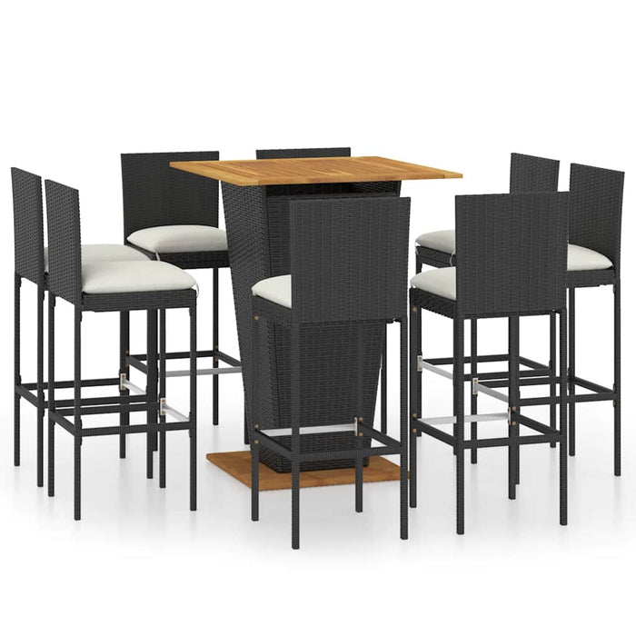 Set mobilier bar de grădină cu perne, 9 piese, negru, poliratan WALTI