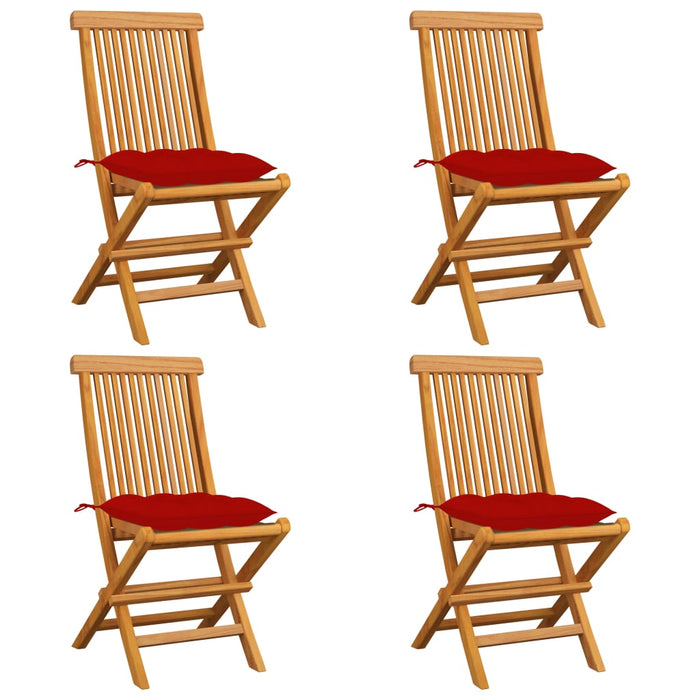 Scaune de grădină cu perne roșii, 4 buc., lemn masiv de tec - WALTI WALTI